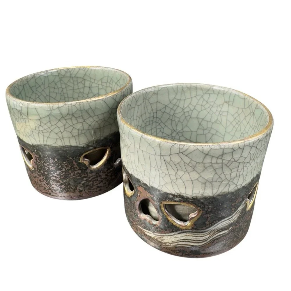 Otagiri SomaWare Gold Horse Cup Tumbler Porcelain Obori Crackled Glaze Set2 Cups